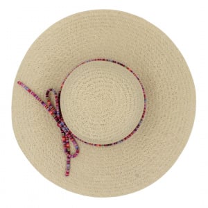 Pălărie de plajă damă Tiara bej cu șnur multicolor, din hârtie de paie, bor larg 43 cm, elegantă și ușoară