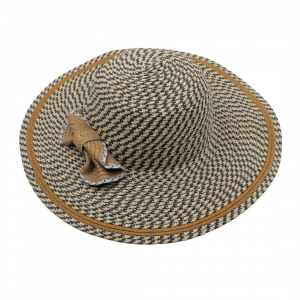 Pălărie de plajă damă Tiara, gri cu model, fundă maro, boruri largi, elegantă, ușoară și respirabilă, protecție solară, diametru 39 cm
