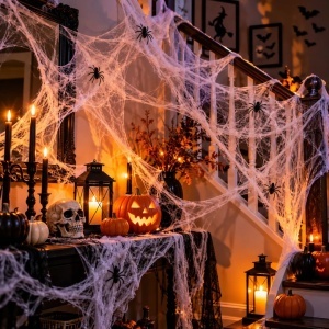 Pânză de păianjen artificială pentru Halloween, Albă, 80 g, cu 6 păianjeni negri, decorațiune horror pentru interior