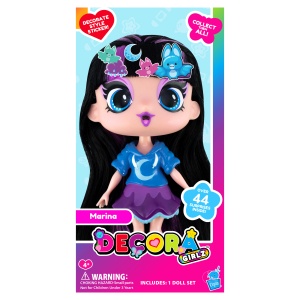 Păpușă Mini Decora Batty 13 cm cu Accesorii – Păpușă de Personalizat, Peste 40 Surprize, păr lung, colecția Decora Girlz