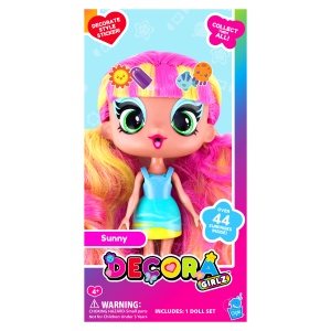 Păpușă Mini Decora Sunny 13 cm cu Accesorii – Păpușă de Personalizat, Peste 40 Surprize, păr lung, colecția Decora Girlz