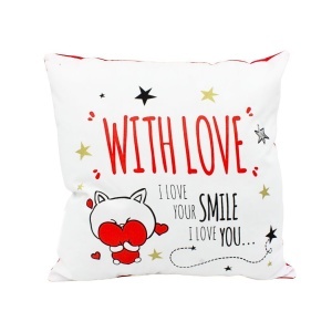 Pernă personalizată cu mesaj, Nekupto - "With Love / I Love Your Smile", 30x30 cm, bumbac