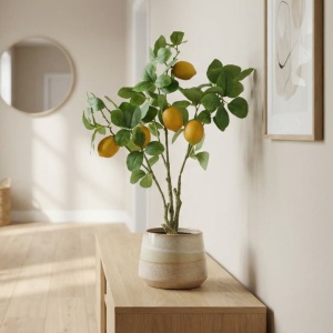 Plantă artificială copac fructifer 60 cm, cu fructe de lămâi și frunze verzi – pentru interior, ghiveci negru inclus