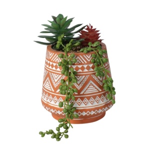 Plantă artificială mix de Suculente 15 cm, în ghiveci ceramic teracotă cu model etnic