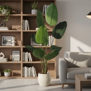 Plantă artificială Strelitzia 160 cm - Pasărea Paradisului - cu 10 frunze verzi cu detalii realiste, pentru interior, în ghiveci negru