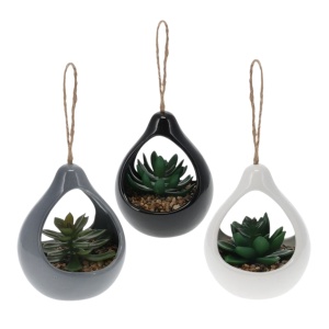 Plantă artificială Suculentă , în suport ceramic alb tip picătură, 14 cm, cu agatatoare din sfoară