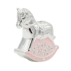 Pușculiță Decorativă Căluț Balansoar AZAY, 11x11 cm, Argintiu cu Roz, Cutie Cadou + Hârtie Tissue Incluse – Cadou Premium Fetițe & Botez