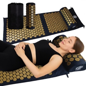 Saltea acupresură cu pernă, pentru masaj și relaxare, Ecarla, 116x43 cm, negru-auriu, cu husă transport