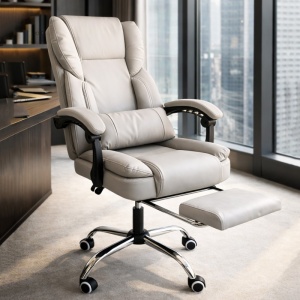 Scaun birou ergonomic skyline, reclinabil 90–155°, suport picioare extensibil, piele ecologică crem, suport lombar, bază metalică, 150 kg, KO51K