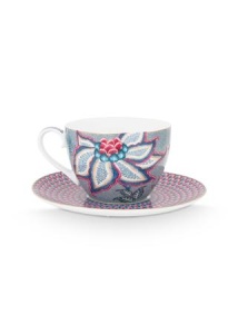 Set 2 căni cu farfurioare, din porțelan, Pip Studio, 280ml, colecția Flower Festival, Light Blue