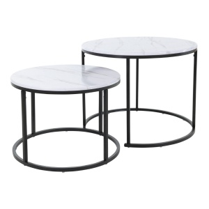 Set 2 Măsuțe Rotunde – Blat MDF cu Aspect Marmură & Cadru Metalic – H&S Collection