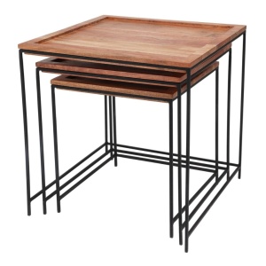 Set 3 măsuțe suprapozabile Koopman, din lemn natural, cadru metalic negru, 40,3x40,3x41 cm, 35x35x37 cm, 30x30x33 cm