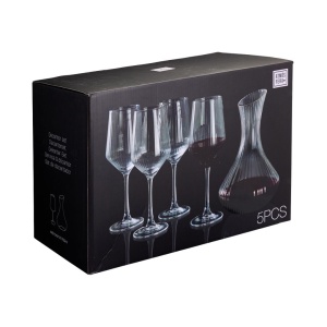Set 5 piese pentru vin, Atmosphera – 4 pahare cu picior și un decantor din sticlă, design striat