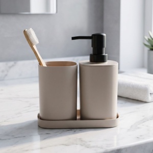 Set accesorii de baie, 3 piese, culoare taupe, design modern