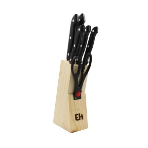 Set cuțite Excellent Houseware, 5 cuțite, foarfecă și suport din lemn