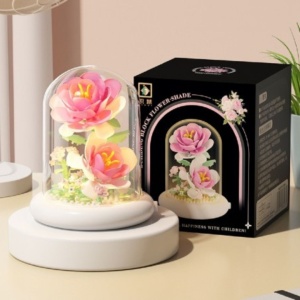 Set de construcție, flori de trandafiri roz, cu cupolă și iluminare LED, 158 piese, 12+, KL01, eCarla