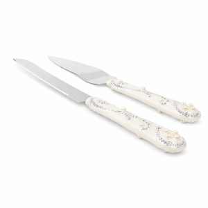 Set tăiere tort AZAY cuțit 32 cm și spatulă 26 cm, design elegant cu perle și strasuri, set servire tort premium, cadou nuntă/botez