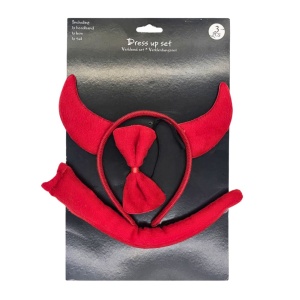 Set diavoliță, 3 piese – coarne, papion și coadă roșie, din pluș – accesorii petrecere Halloween, carnaval, party