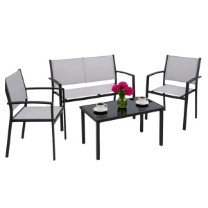 Set mobilier de grădină Jumi, canapea, 2 fotolii și măsuță de cafea, oțel și textilenă, gri
