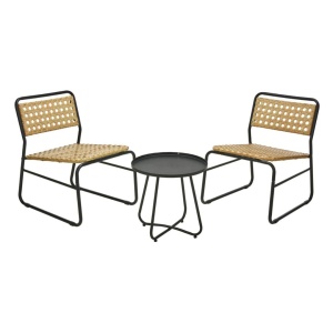 Set mobilier grădină 2 scaune și masă rotundă, structură metalică, împletitură ratan sintetic, culoare natur-negru
