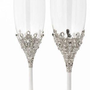 Set pahare șampanie AZAY argintiu vintage cu cristale, 26.9 cm, pahare flute elegante, cadou premium cu cutie și tissue paper