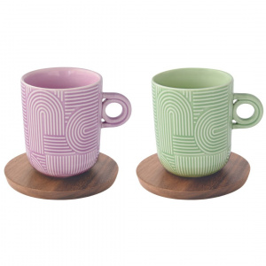 Set porțelan 2 căni 350ml și farfurii acacia roz/verzuliu - Img 1