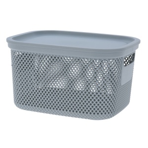 Storage basket with lid, 6 L, perforated plastic, Storage Solutions, light grey