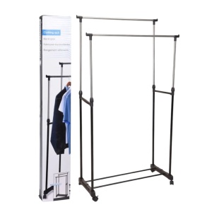Suport dublu pentru umerașe, reglabil pe înălțime, cu roți, 80x42x90-160 cm