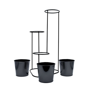 Suport pentru flori, din metal, negru, 3 ghivece, 24x22x47 cm