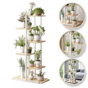 Suport pentru flori și plante, etajeră modernă cu 6 rafturi, 113x60x20 cm, suport ghivece din metal și lemn, alb-maro, pentru balcon, terasă, living sau grădină