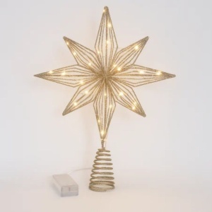 Vârf de brad, de Crăciun, stea XXL cu led, metal auriu cu glitter, lumină caldă, 32 x 25 cm, WOZ11