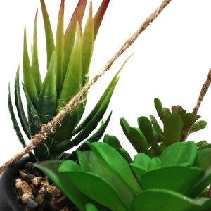 Plantă artificială suspendată cu mix de suculente, în ghiveci ceramic negru 16 cm, cu agățătoare din sfoară