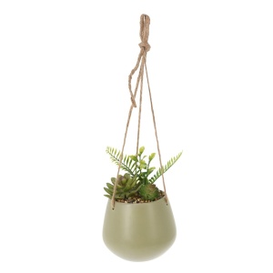 Plantă artificială suspendată cu mix de suculente, în ghiveci ceramic verde 16 cm, cu agățătoare din sfoară