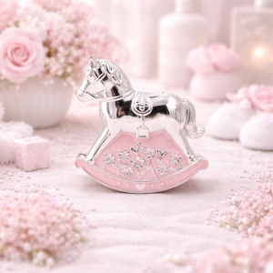 AZAY Decorative Rocking Horse Money Box, 11x11 cm, Silver and Pink, Gift Box & Tissue Paper Included – Premium Gift for Baby Girls & Christenings