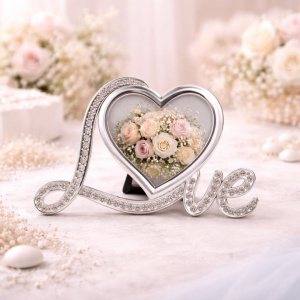 AZAY "Love" Photo Frame with Crystals, 8x8 cm, Heart-Shaped Photo Frame for Couples, Romantic Gift, Wedding Gift, Gift Box Included