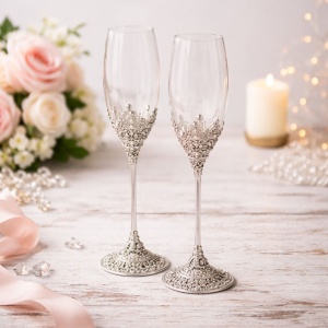 AZAY Vintage Silver Champagne Flute Set with Crystals, 26.9 cm – Elegant Flutes, Premium Gift with Box and Tissue Paper