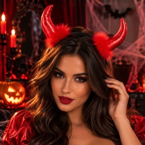 Bentiță de Halloween cu coarne roșii lucioase și blăniță, accesoriu pentru costum de diavol