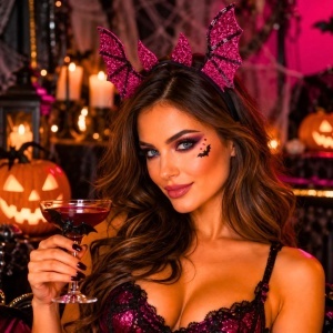 Bentiță de Halloween cu model liliac cu paiete, roz și negru, accesoriu pentru costum