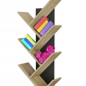 Bibliotecă verticală JUMI, 222x50x24 cm, MDF negru-stejar, tip arbore pentru cărți și decorațiuni