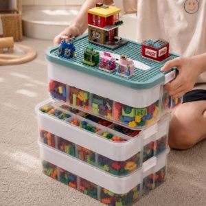 Organizator pentru piese de construcție, 3 niveluri, eCarla, capac tip placă de construcție, 31 x 30 x 22 cm, CB82