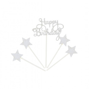 Cake Topper pentru tort cu mesaj Happy Birthday culoarea argintiu glitter