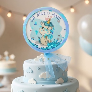 Cake Topper pentru tort cu mesaj La Mulți Ani și unicorn albastru în cerc