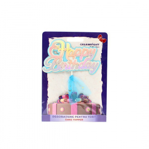 Cake Topper pentru tort model Happy Birthday cu fundiță bleu