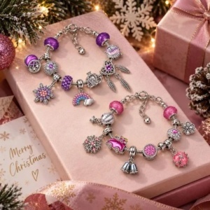 Calendar advent de Crăciun, pentru fete, 24 surprize cu bijuterii, 2 brățări, 2 coliere și charm-uri decorative, roz-mov, KA02