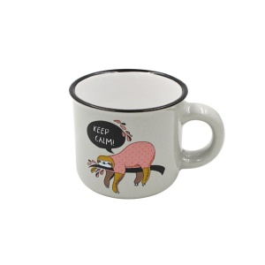 Cană cafea espresso Nekupto 80 ml, ceramică, gri, imprimeu leneș KEEP CALM