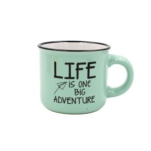 Cană cafea espresso Nekupto 80 ml, ceramică, gri, mesajul „LIFE IS ONE BIG ADVENTURE”