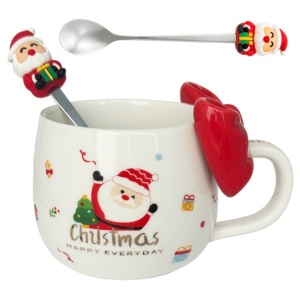 Cană ceramică, de Crăciun, cu fundă roșie și linguriță, 400ml, KB25CZE, eCarla