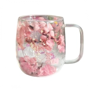 Cană cu flori uscate, pereți dubli, sticlă borosilicată, hortensie, 400 ml