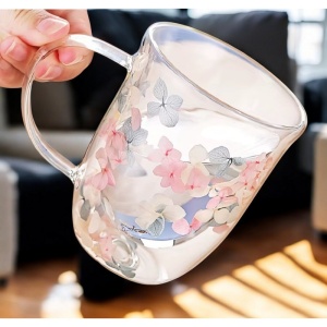 Cană cu flori uscate, pereți dubli, sticlă borosilicată, izolare termică, hortensie, 300 ml