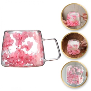 Cană cu flori uscate roz, pereți dubli, sticlă borosilicată, izolare termică, hortensie, 180 ml